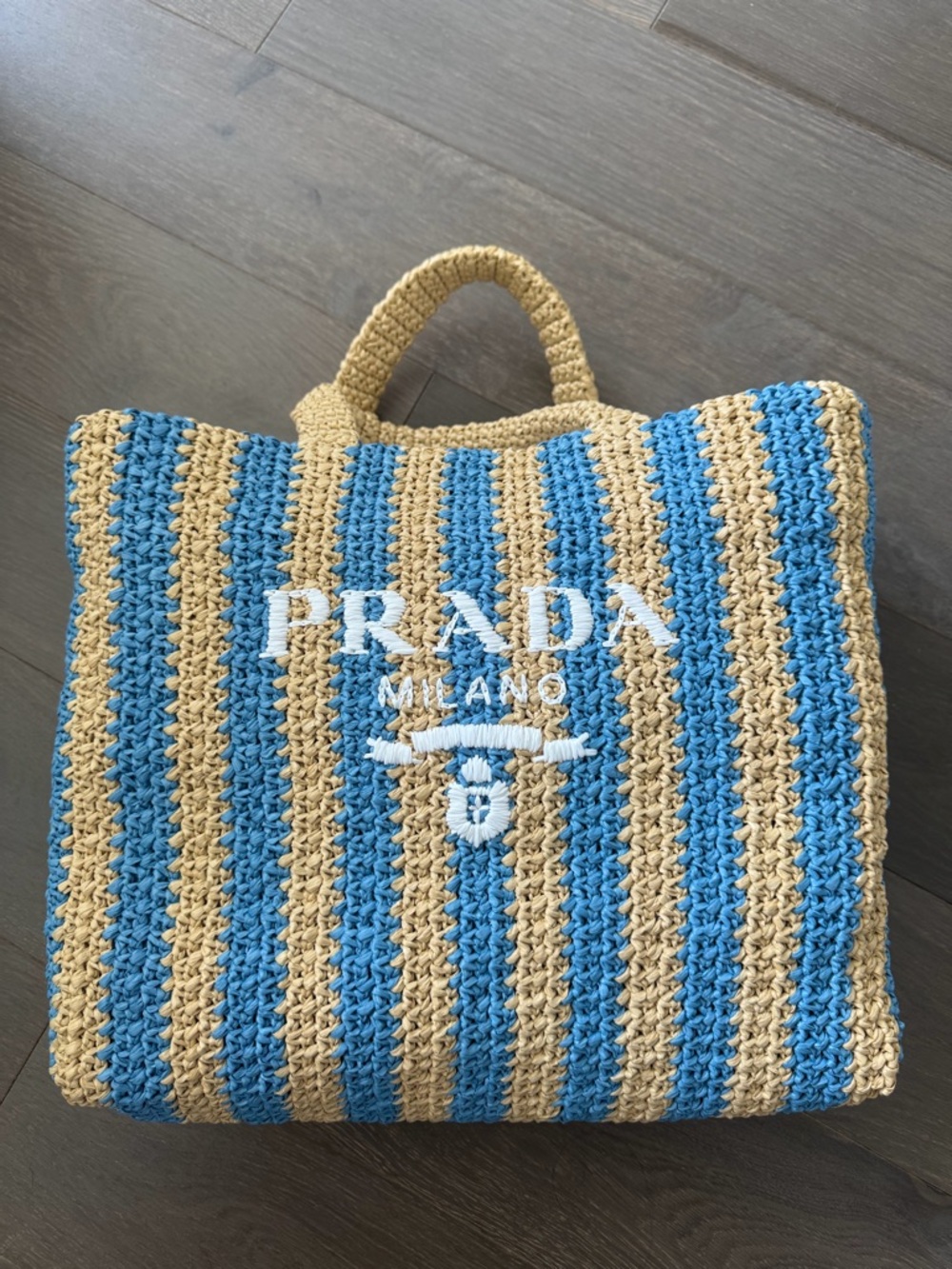 Prada Straw/Raffia Tote with Natural Beige and Light Blue Stripes - Picture 5 of 7